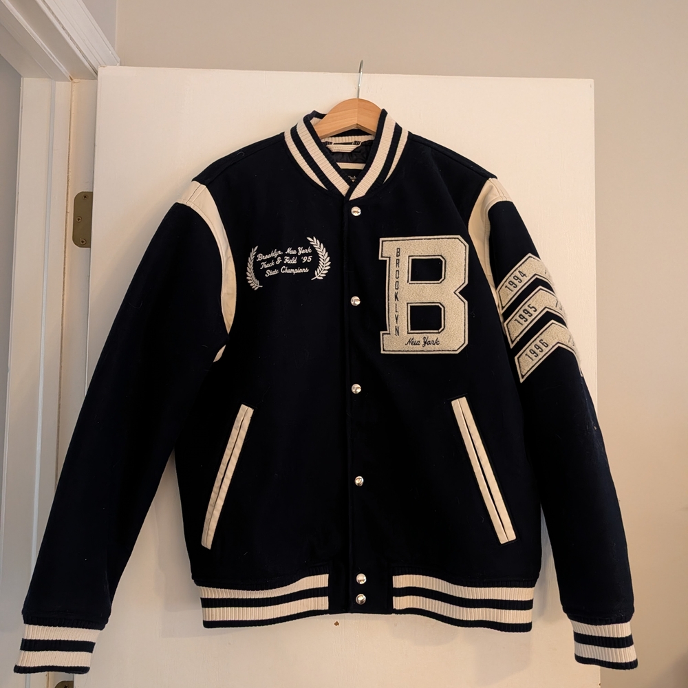 Abercrombie & Fitch Navy Varsity Jacket with Cream Details